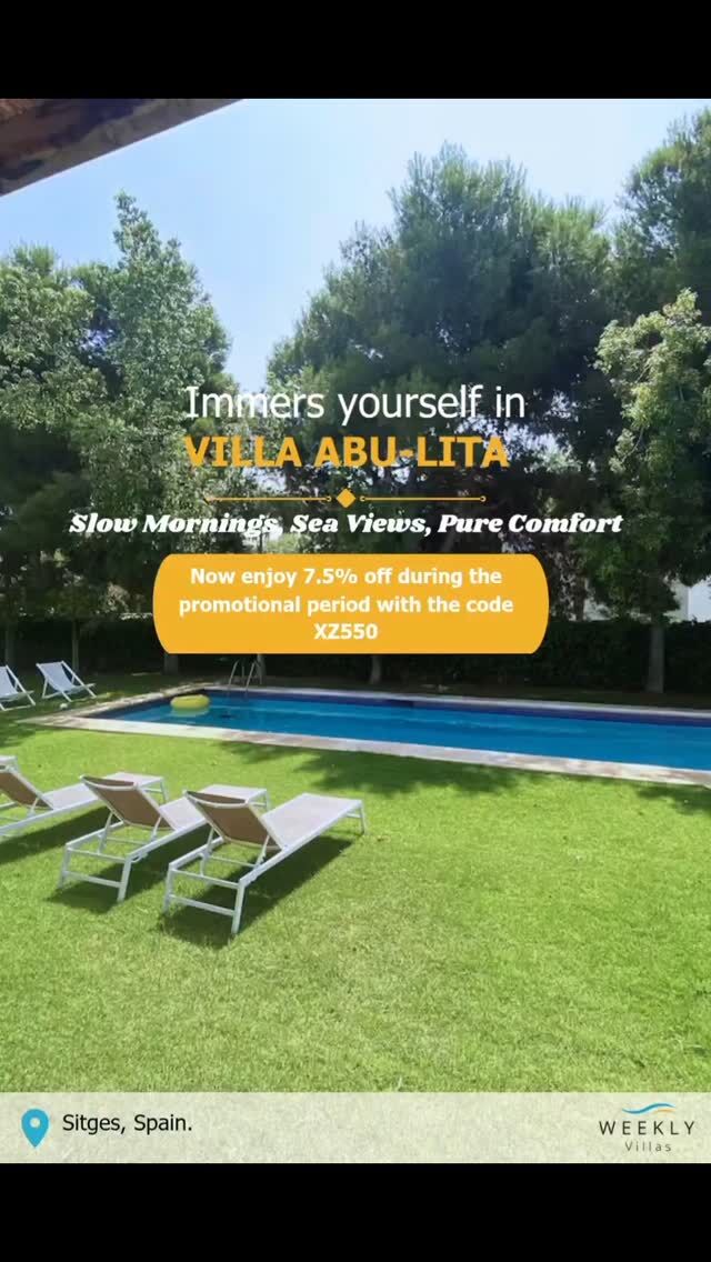 Enjoy 7% OFF with code XZ550 – limited-time offer at www.weeklyvillas.com

Discover a luxury villa in Sitges (Villa Abu-Lita) for monthly rental, ideal for families, remote work, or exclusive events. This stunning Mediterranean property is part of our last minute villas in Sitges collection, perfect for a spontaneous getaway in style.

At Weekly Villas, you’ll also find last minute villas in Barcelona, Ibiza, Mallorca, and Saint Tropez — whether you're planning a relaxing holiday, a family escape, or an unforgettable celebration. From villas in Barcelona with private spa to villas to rent in Spain for parties, our handpicked homes are designed for comfort, privacy and elegance.

Explore Sitges villa rentals for events, high design villas, and curated experiences in Saint Tropez and beyond — only at Weekly Villas.

#LuxuryVillaSitges #WeeklyVillas #LastMinuteVillas #SitgesVillaRentals #VillaSitgesHighDesign #VillasWithSpa #SpainHolidayHomes #SaintTropezExperiences #VillaAllegreWithViews
